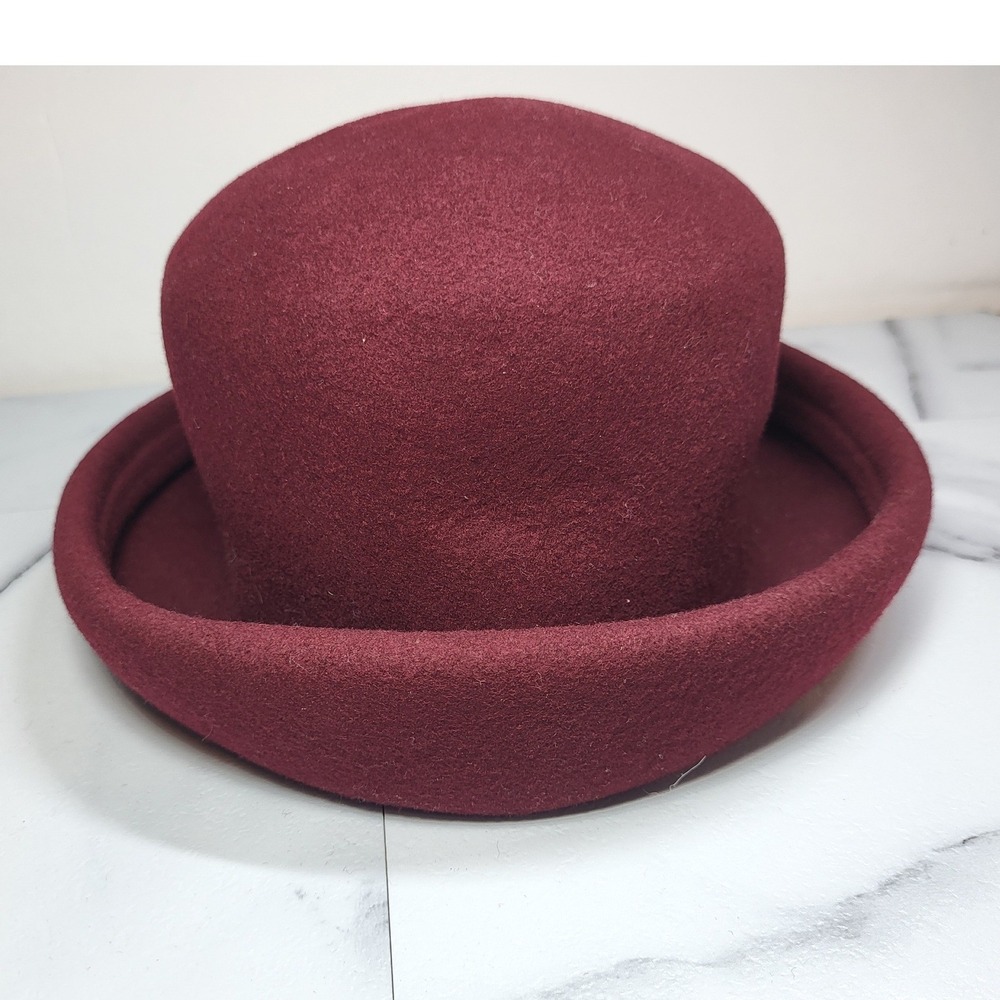 Platania Italy Burgundy 100% Wool Felt Bowler Derby Hat Rolled Brim Large